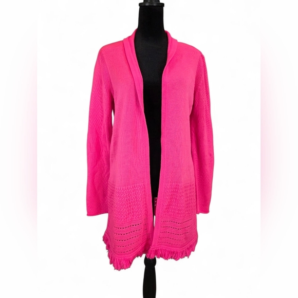 Lilly Pulitzer Noble Pink Open Front Knit Fringe Hem Cardigan Sweater Medium - Picture 1 of 9